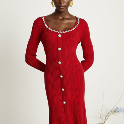 Mallory Red Crystal Embellished Midi Dress Long Sleeve Scoop Neck Button Detail Luxury Stretch Jersey Terylene Cotton Elegant Sophisticated Graceful Chic Modern Sophisticate