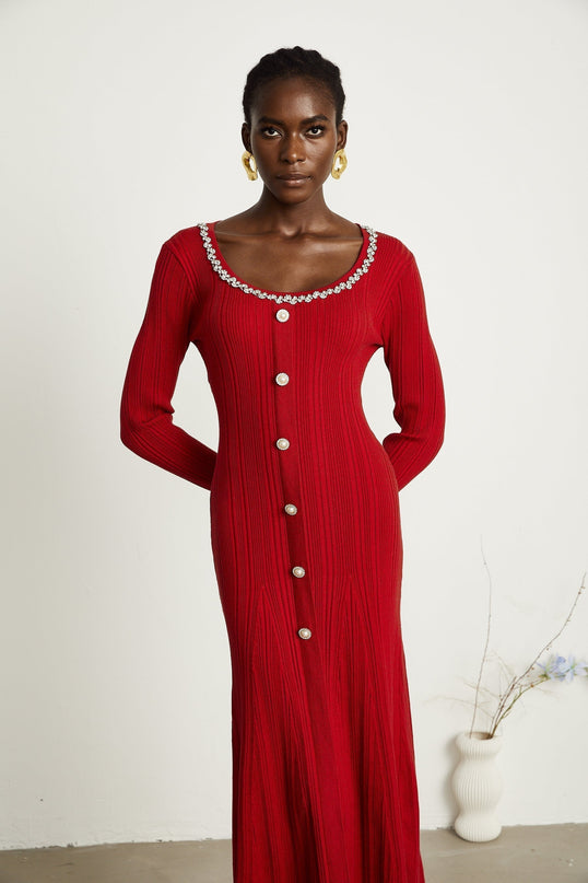 Mallory Red Crystal Embellished Midi Dress Long Sleeve Scoop Neck Button Detail Luxury Stretch Jersey Terylene Cotton Elegant Sophisticated Graceful Chic Modern Sophisticate