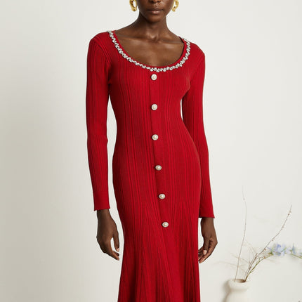 Mallory Red Crystal Embellished Midi Dress with Scoop Neck and Long Sleeves