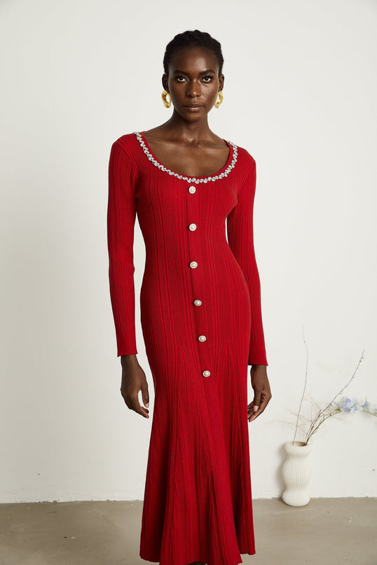 Mallory Red Crystal Embellished Midi Dress with Scoop Neck and Long Sleeves