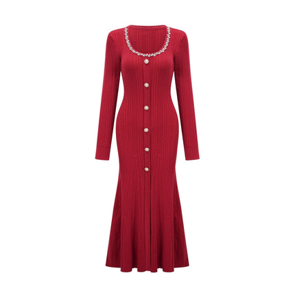Mallory Red Crystal Embellished Midi Dress with Scoop Neck and Long Sleeves