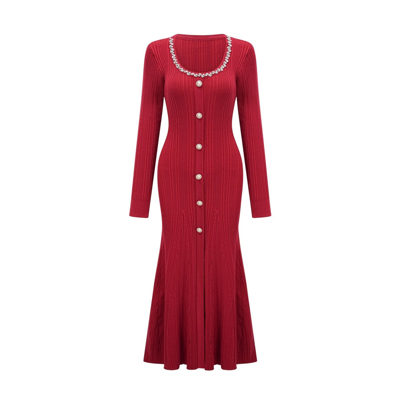 Mallory Red Crystal Embellished Midi Dress with Scoop Neck and Long Sleeves