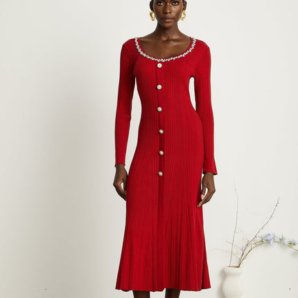 Mallory Red Crystal Embellished Midi Dress with Scoop Neck and Long Sleeves
