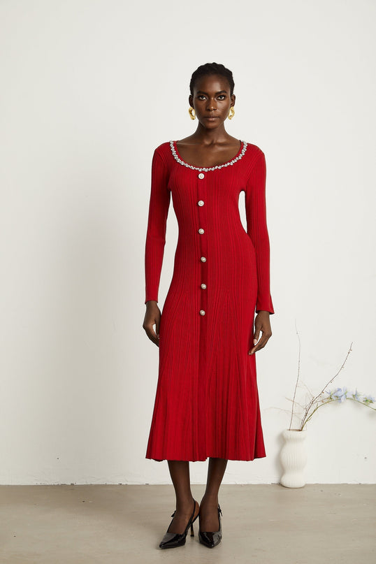 Mallory Red Crystal Embellished Midi Dress with Scoop Neck and Long Sleeves