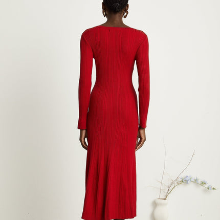 Mallory Red Crystal Embellished Midi Dress with Long Sleeves and Decorative Buttons