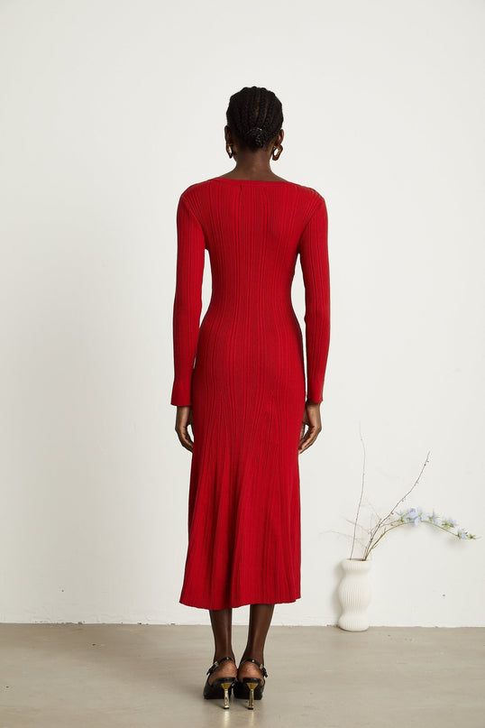 Mallory Red Crystal Embellished Midi Dress with Long Sleeves and Decorative Buttons
