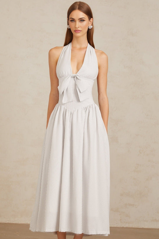 Mallory White Halterneck Midi Dress with Boned Bodice and Stripe Pattern