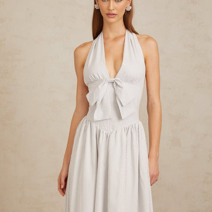 Mallory White Halterneck Midi Dress with Boned Bodice and Bow Detailing