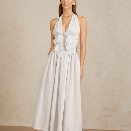 Mallory White Halterneck Midi Dress with Stripe Pattern and Shirred Effect