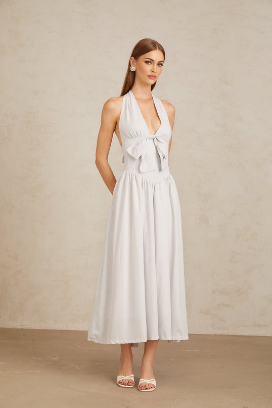 Mallory White Halterneck Midi Dress with Boned Bodice and Stripe Pattern