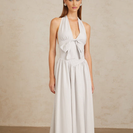 Mallory White Halterneck Stripe Midi Dress with Boned Bodice and Bow Detailing