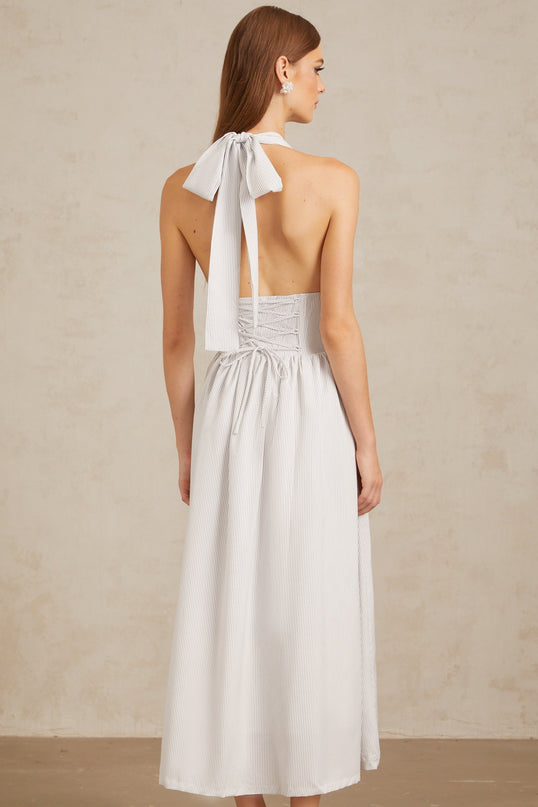 Mallory White Halterneck Midi Dress with Boned Bodice and Bow Detailing