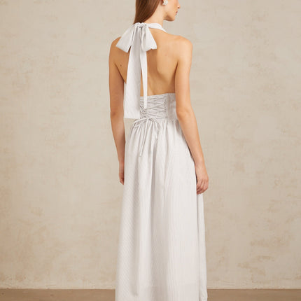 Mallory White Halterneck Midi Dress with Boned Bodice and Stripe Pattern