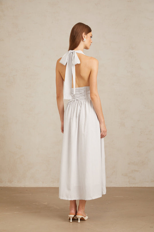 Mallory White Halterneck Midi Dress with Boned Bodice and Stripe Pattern