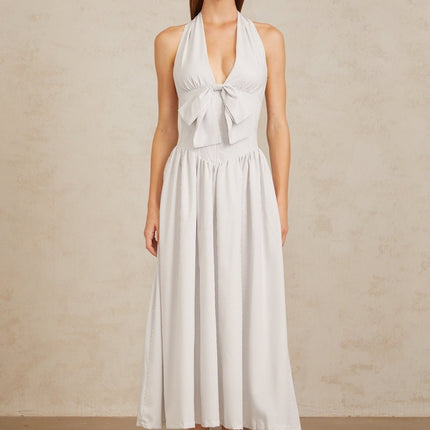Mallory White Halterneck Midi Dress with Boned Bodice and Stripe Pattern
