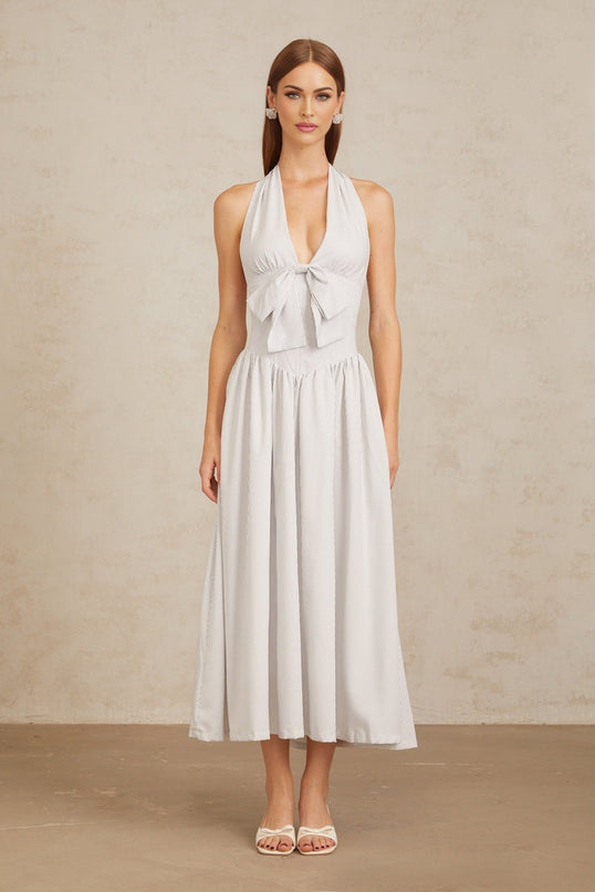 Mallory White Halterneck Midi Dress with Boned Bodice and Stripe Pattern