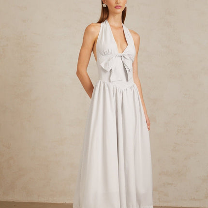 Mallory White Halterneck Midi Dress with Boned Bodice and Bow Detailing