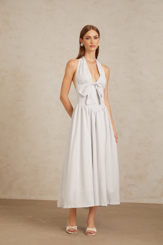 Mallory White Halterneck Midi Dress with Boned Bodice and Bow Detailing