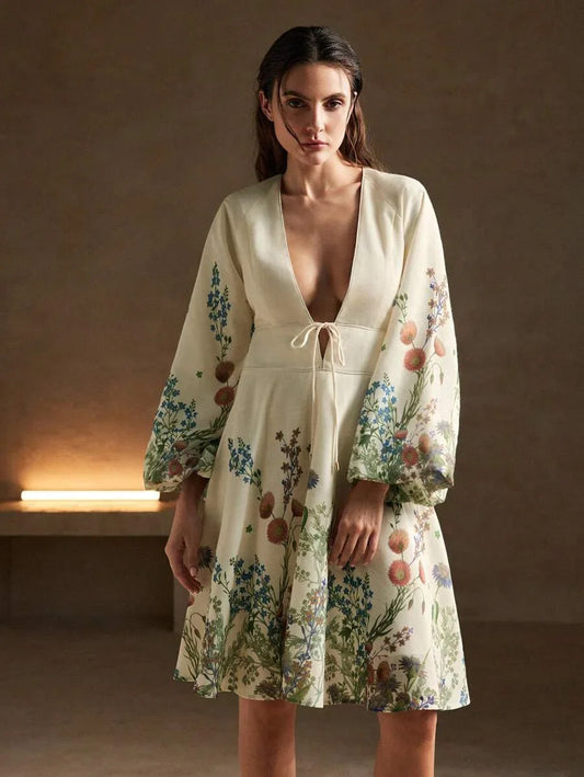 Mandarin Collar Printed Long Sleeve Mini Dress With Linen Appearance