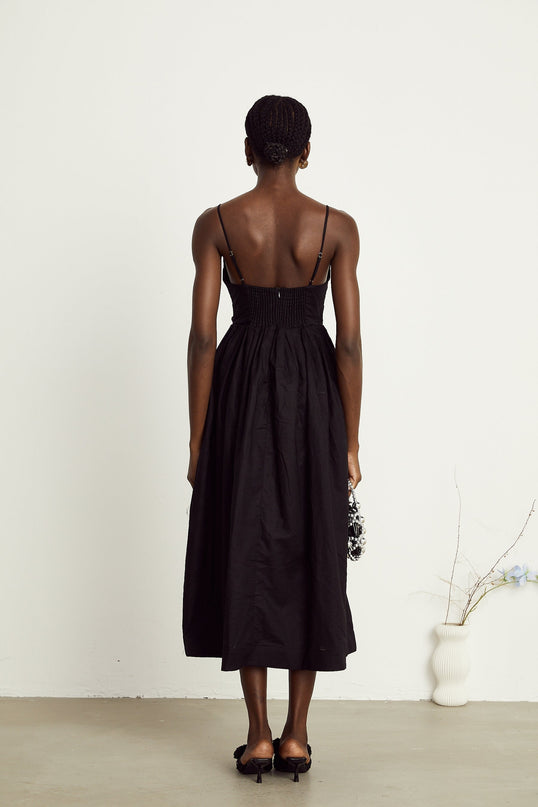 Manon black smocking pleated midi dress