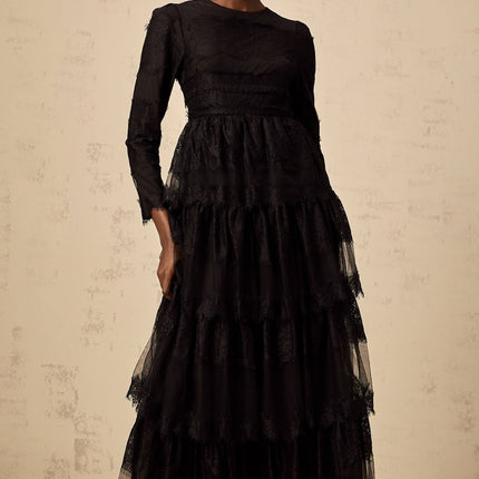 Margaret Black Lace Tulle Maxi Dress with Scalloped Hem and Rear Zip Fastening