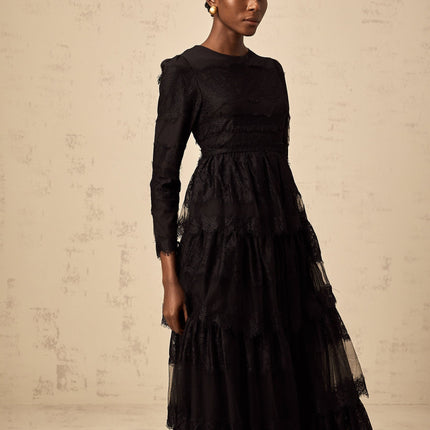 Margaret Black Lace Tulle Maxi Dress with Scalloped Hem