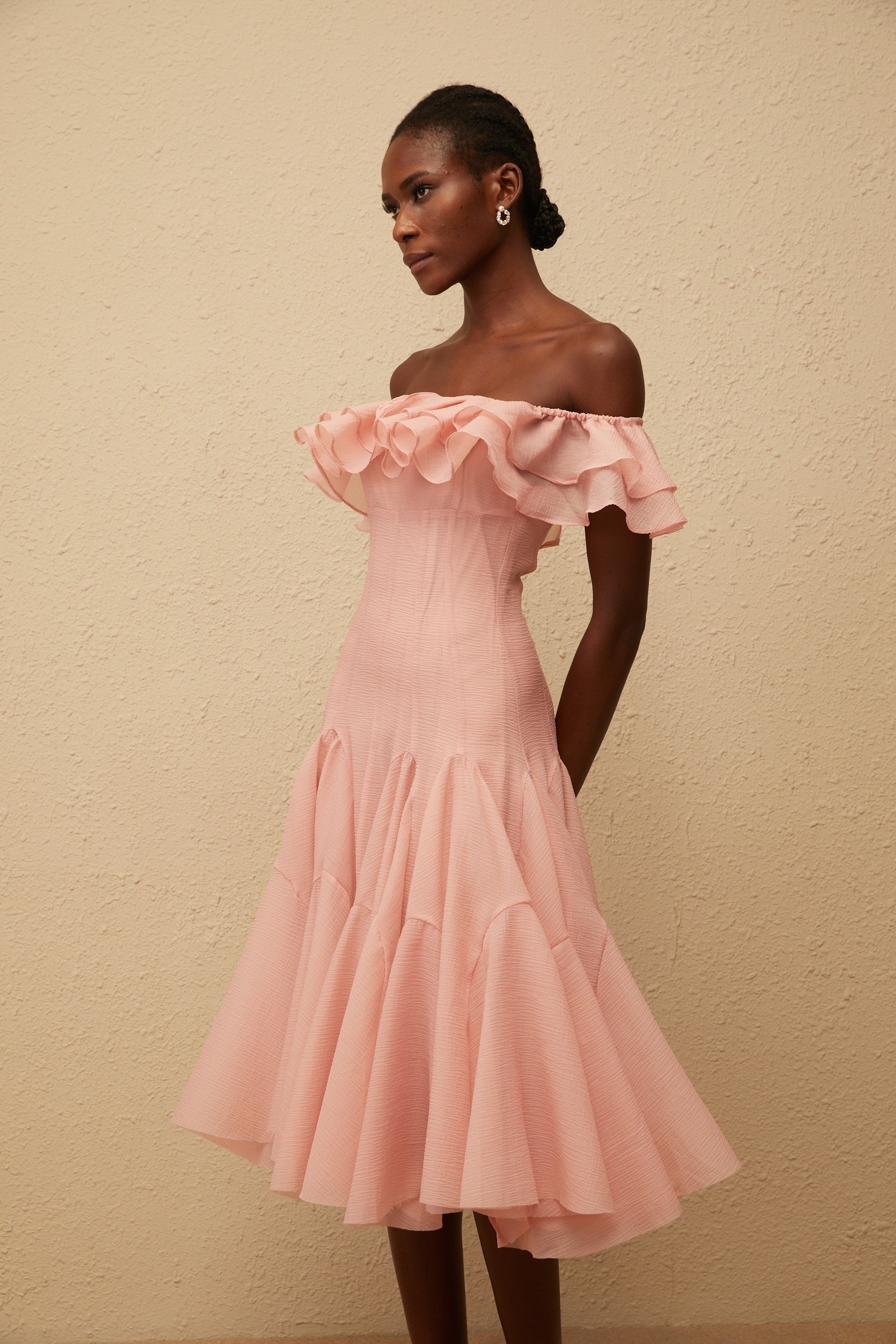 Margarita Pink Godet Ruffled Midi Dress