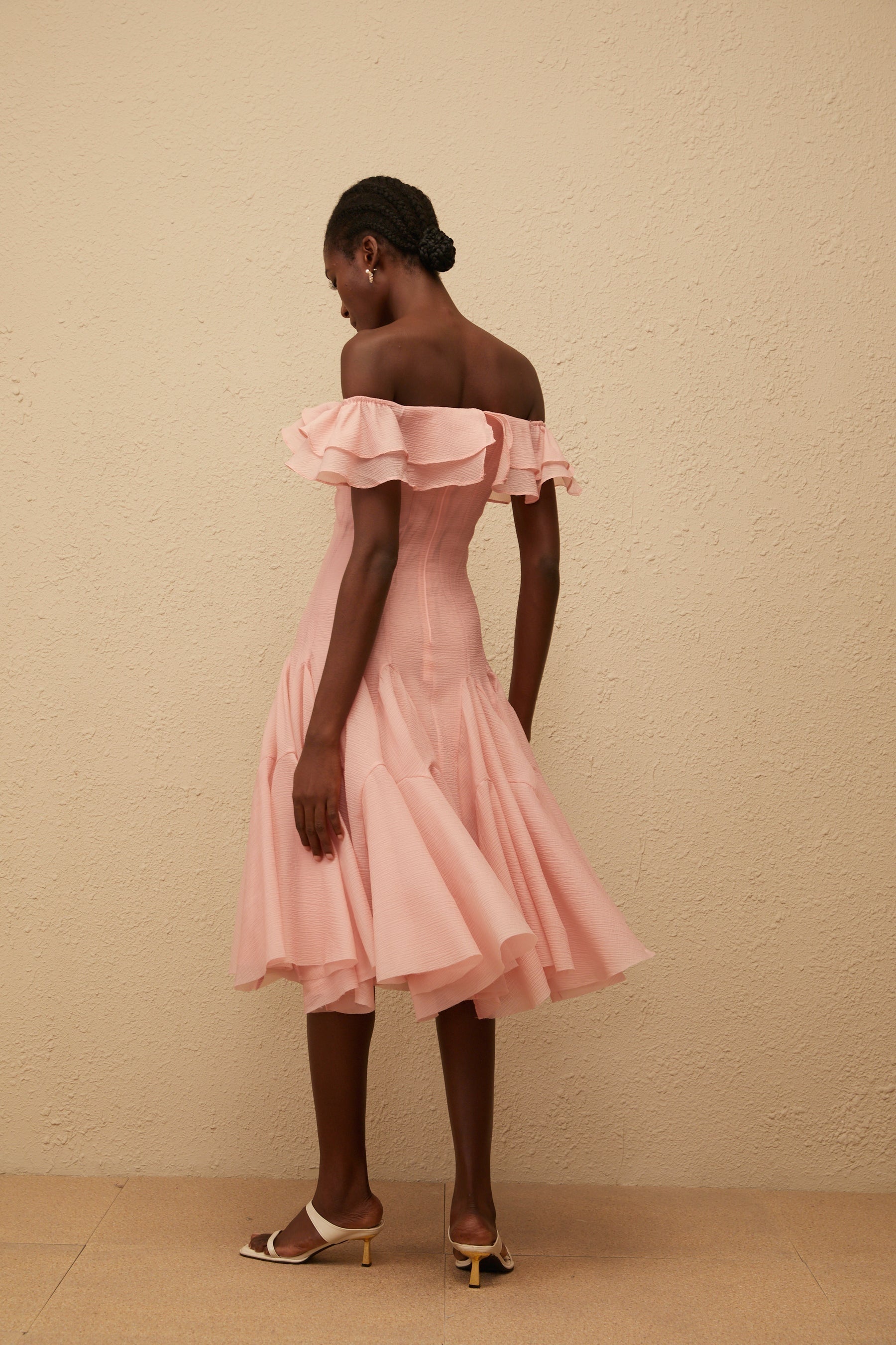 Margarita Pink Godet Ruffled Midi Dress