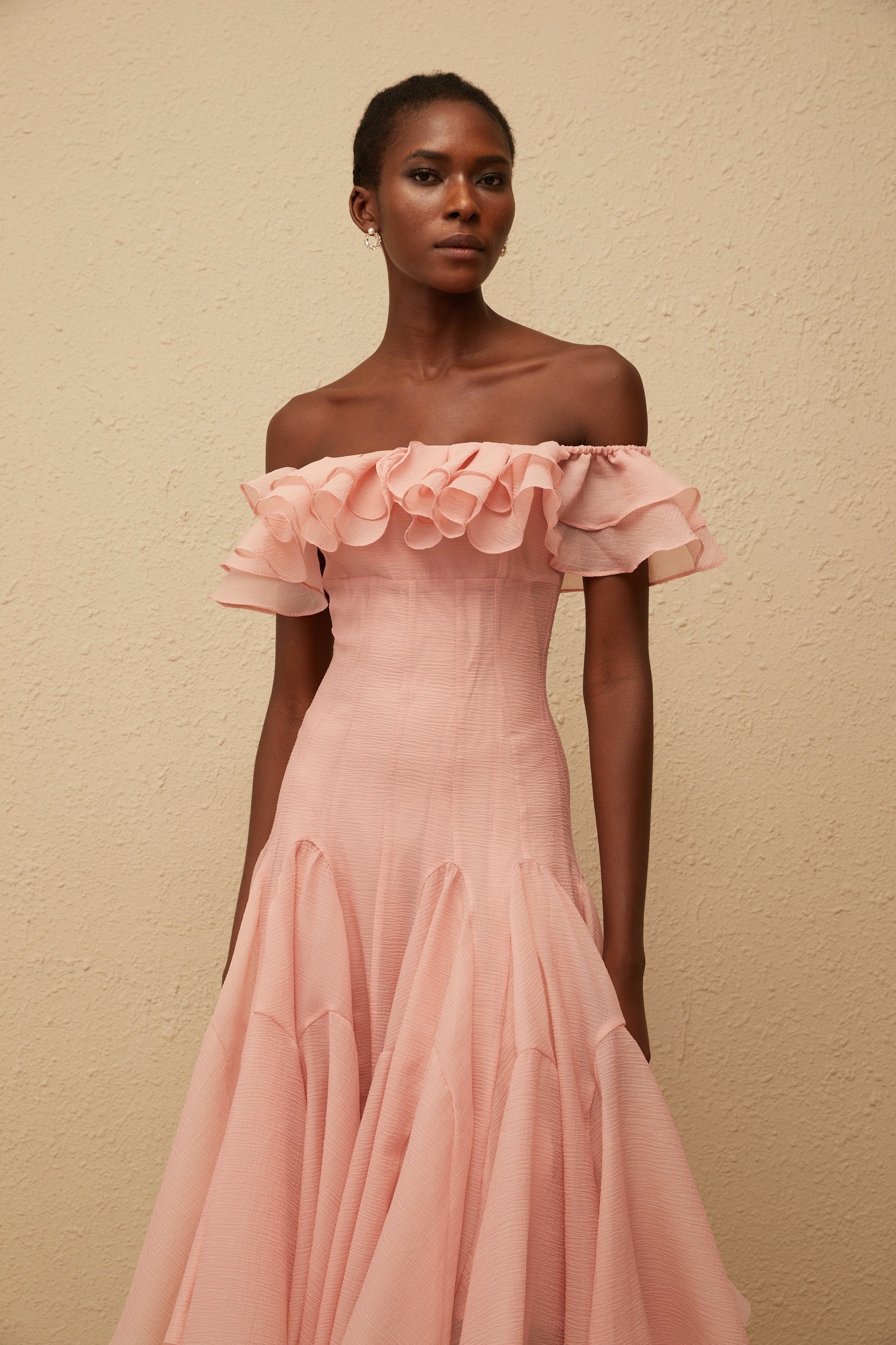 Margarita Pink Godet Ruffled Midi Dress