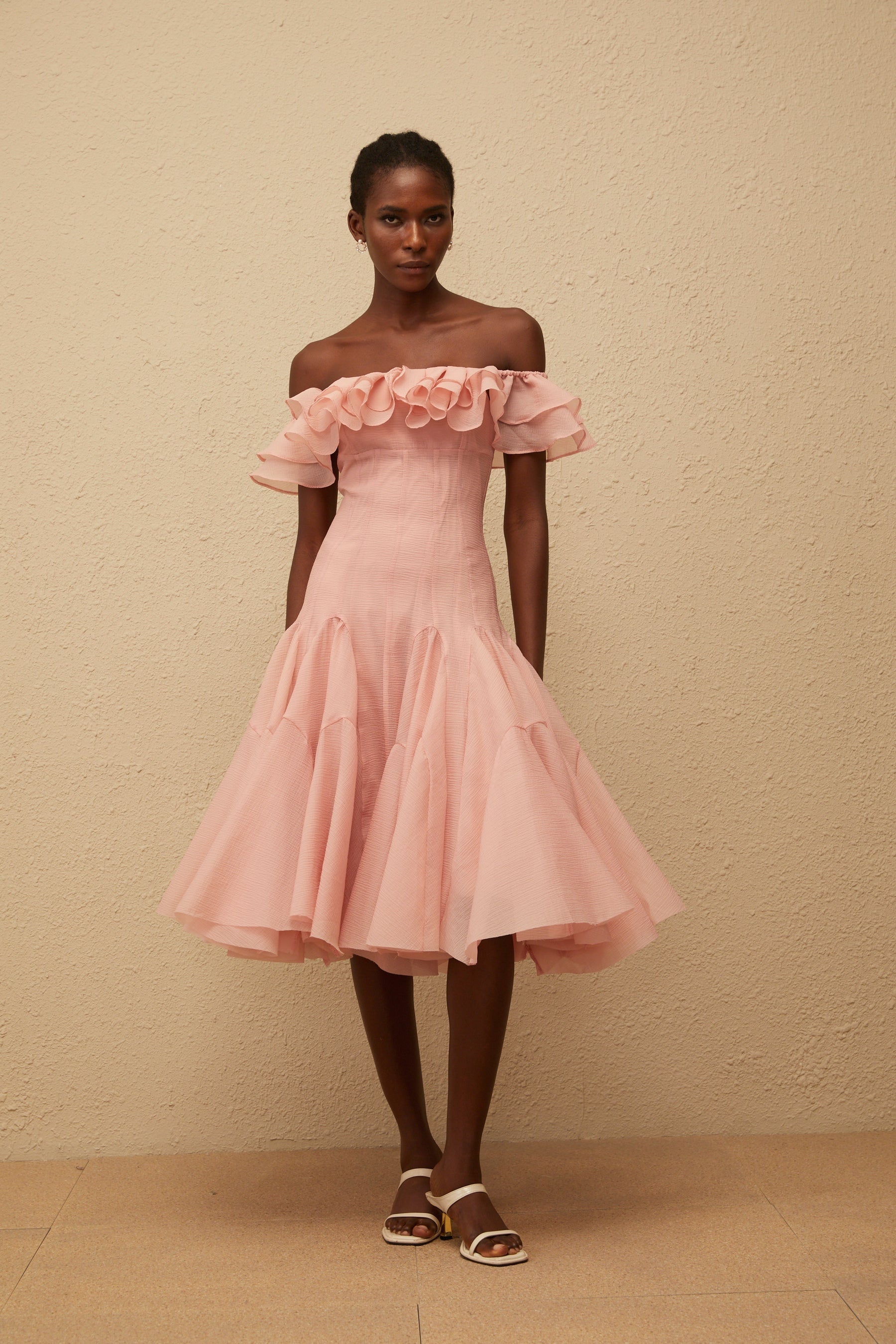 Margarita Pink Godet Ruffled Midi Dress