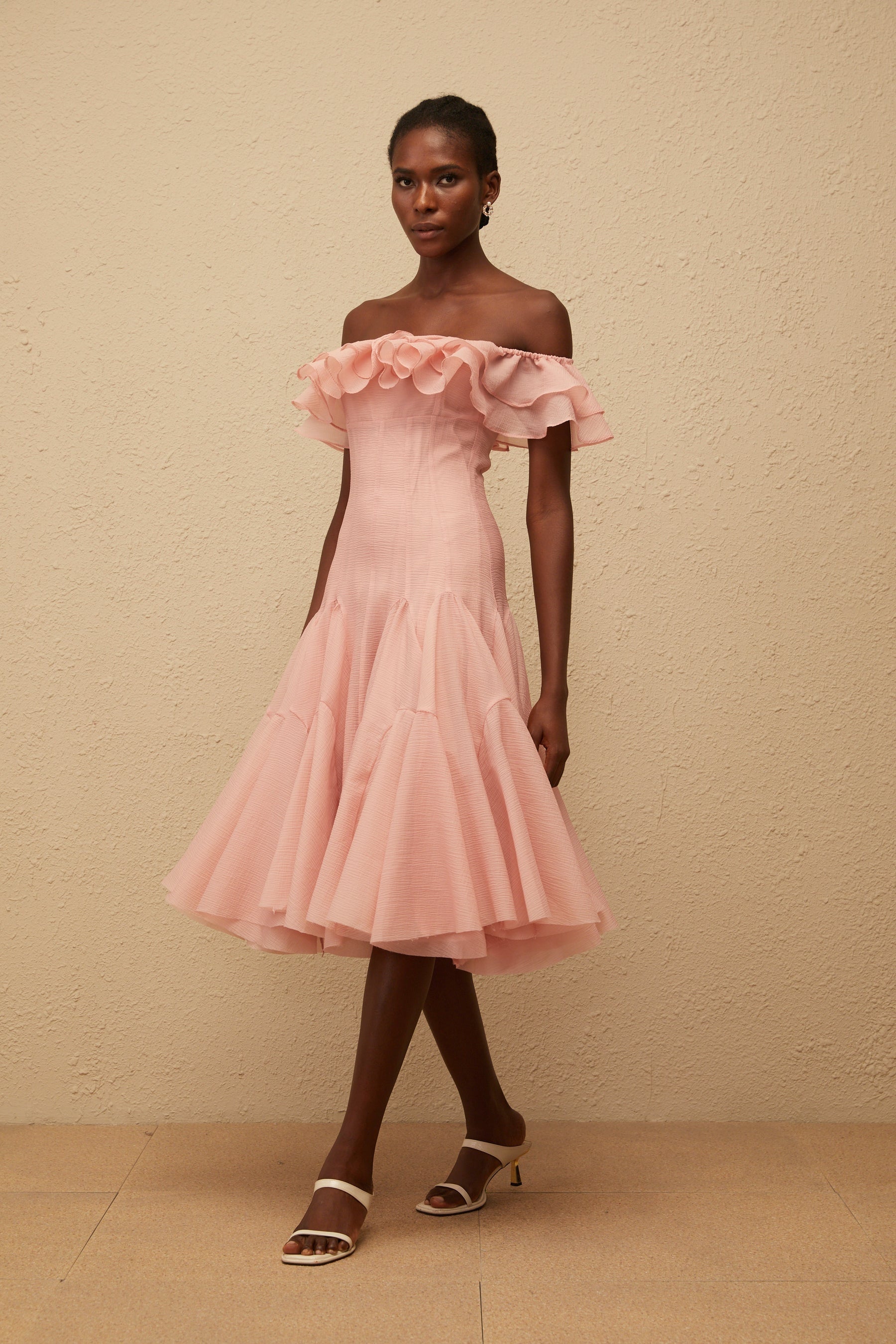Margarita Pink Godet Ruffled Midi Dress