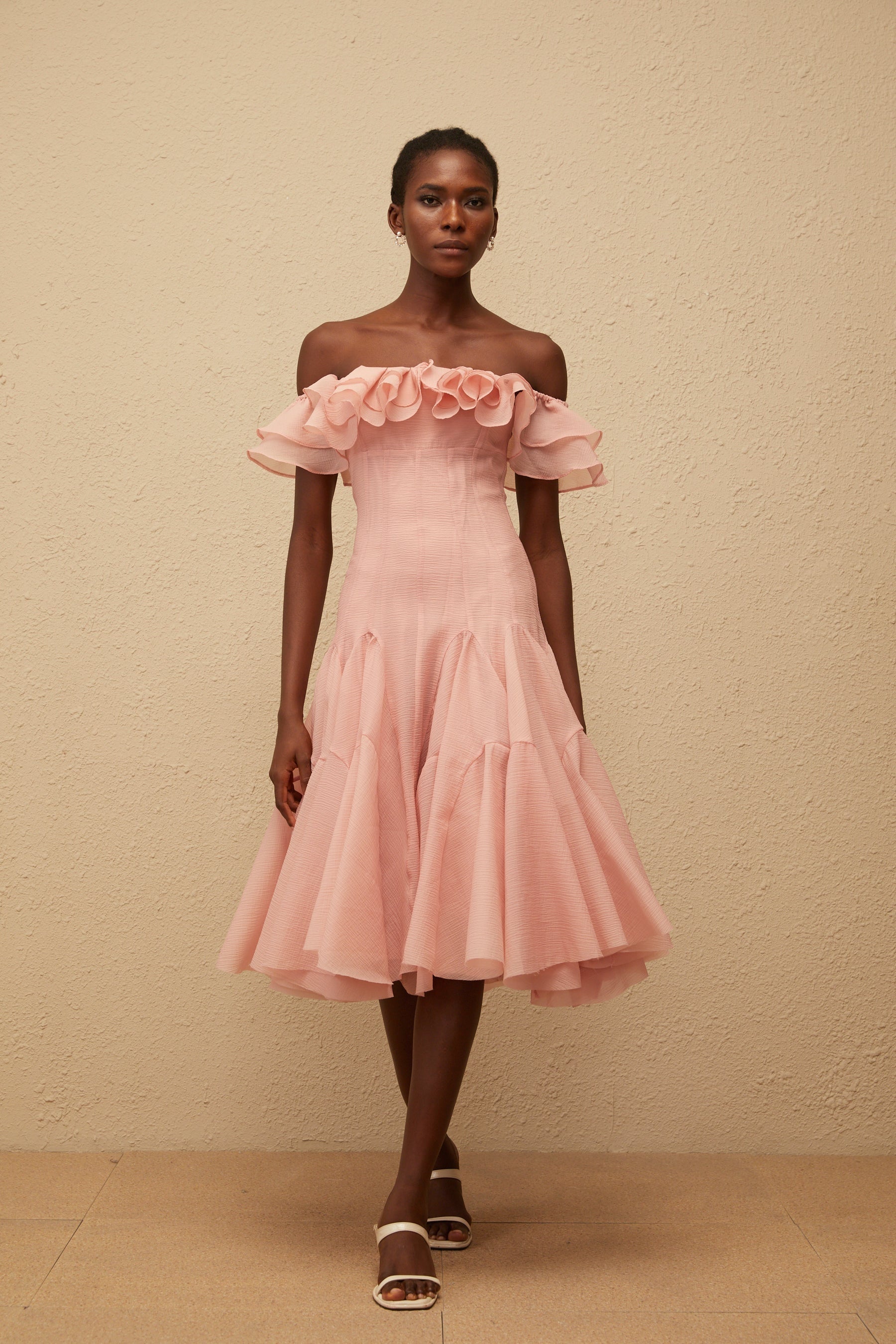 Margarita Pink Godet Ruffled Midi Dress