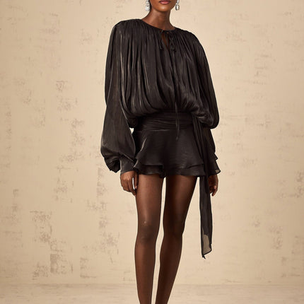 Margherita Black Mini Dress with Twist Design Shoulder Pads and Glitter Detailing