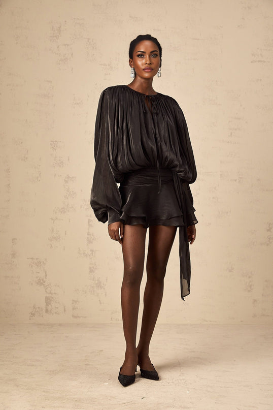 Margherita Black Mini Dress with Twist Design Shoulder Pads and Glitter Detailing