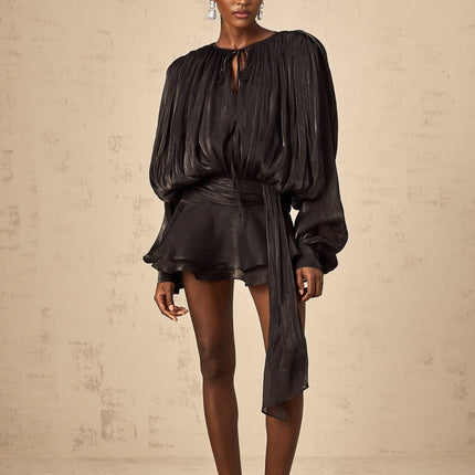 Margherita Black Mini Dress with Twist Design Shoulder Pads and Ruffled Hem