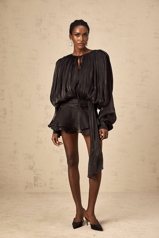 Margherita Black Mini Dress with Twist Design Shoulder Pads and Ruffled Hem