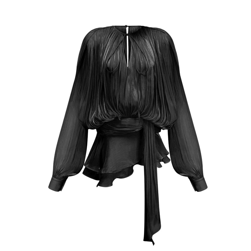 Margherita Black Mini Dress with Twist Design Shoulder Pads and Glitter Detailing