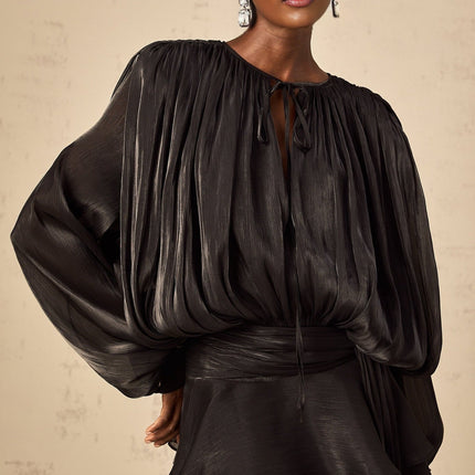 Margherita Black Mini Dress with Twist Design Shoulder Pads and Ruffled Hem