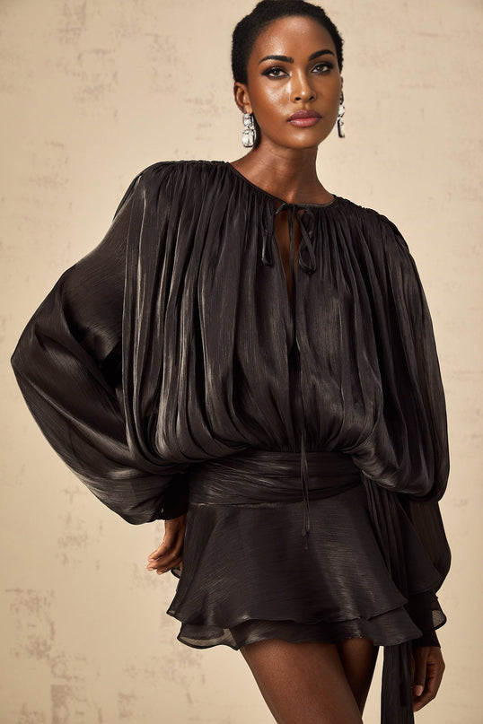 Margherita Black Mini Dress with Twist Design Shoulder Pads and Ruffled Hem