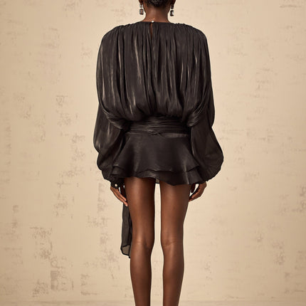Margherita Black Mini Dress with Twist Design Shoulder Pads and Ruffled Hem