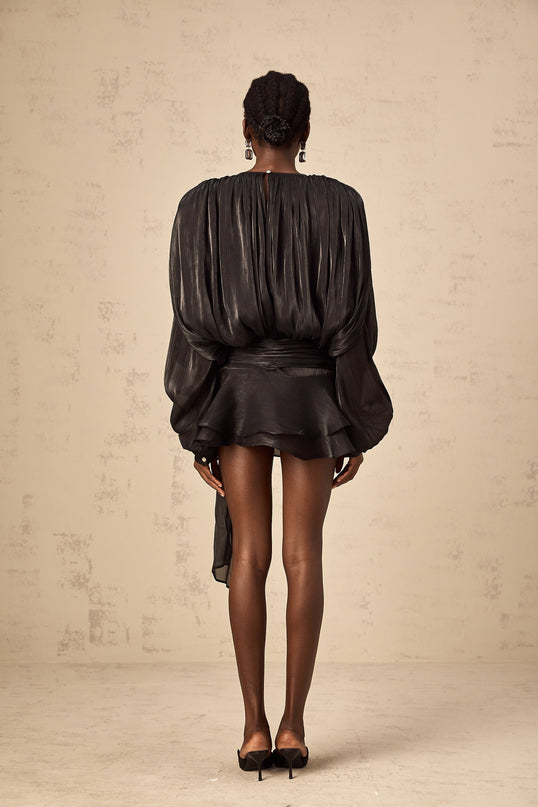 Margherita Black Mini Dress with Twist Design Shoulder Pads and Ruffled Hem