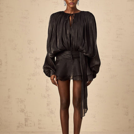 Margherita Black Mini Dress with Twist Design Shoulder Pads and Glitter Detailing