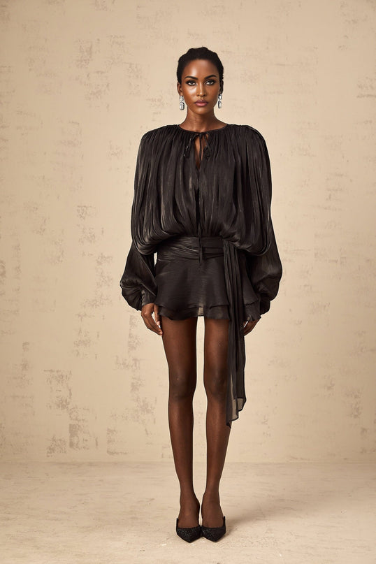 Margherita Black Mini Dress with Twist Design Shoulder Pads and Glitter Detailing