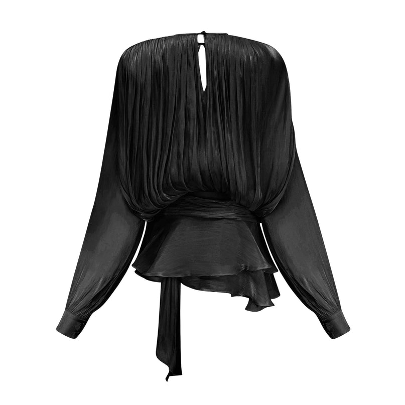 Margherita Black Mini Dress with Twist Design Shoulder Pads and Ruffled Hem featuring Glitter Detailing and Draped Design