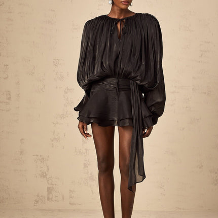 Margherita Black Mini Dress with Twist Design Shoulder Pads and Ruffled Hem