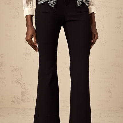 Margherita Black Studded Bow Ankle-Length Trousers with Patch Pockets and Flared Hem