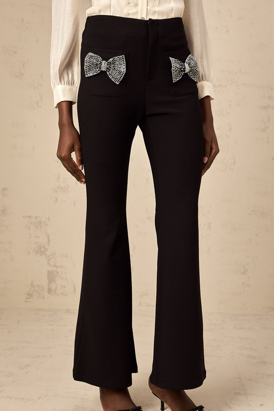 Margherita Black Studded Bow Ankle-Length Trousers with Patch Pockets and Flared Hem