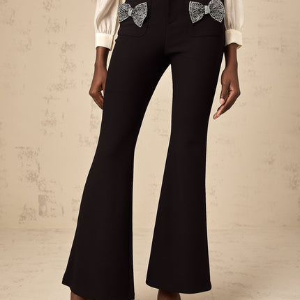 Margherita Black Studded Bow Ankle-Length Trousers with Flared Hem and Front Patch Pockets