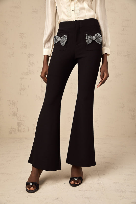 Margherita Black Studded Bow Ankle-Length Trousers with Flared Hem and Front Patch Pockets