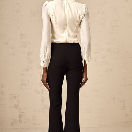 Margherita Black Studded Bow Ankle-Length Trousers with Patch Pockets and Flared Hem
